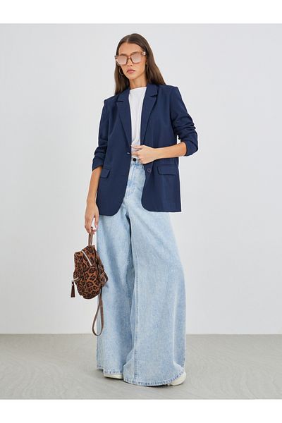 Styli Women Navy Blue Regular Fit Regular Length Linen Look Blazer