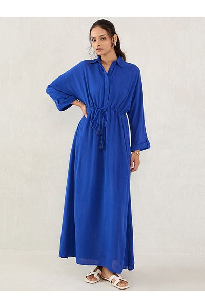 Femmella By Styli Blue Crinkled Collared A-Line Maxi Dress with Drawstring Waist