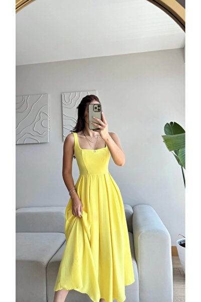 Zoom Butik Valeria Kare Yaka Midi Elbise - SARI