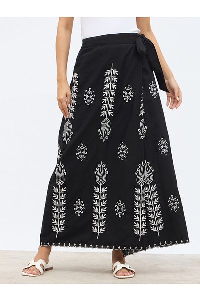 Styli Embroidered Straight Fit Maxi Skirt with Tie-Up Detail