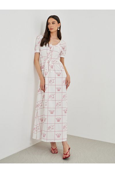 Styli Printed Puff Sleeve Round Neck Maxi Dress