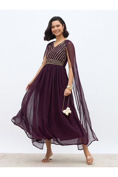 Styli Embellished Cape Sleeve V-Neck Maxi Dress