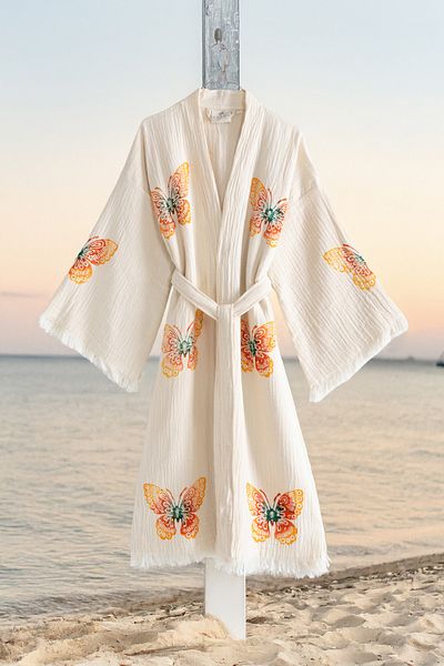 VAROL Organic 100% Cotton Kimono Collar Sabali Bathrobe Beach Dress - Butterfly - L/Xl