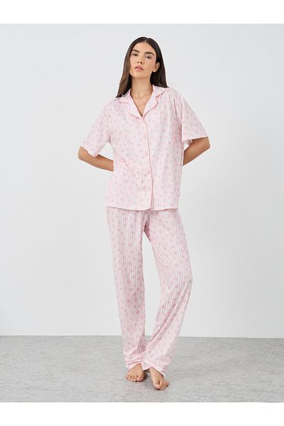 Styli Women Pink Stripe and Bow Print Piped Shirt and Pyjama Set