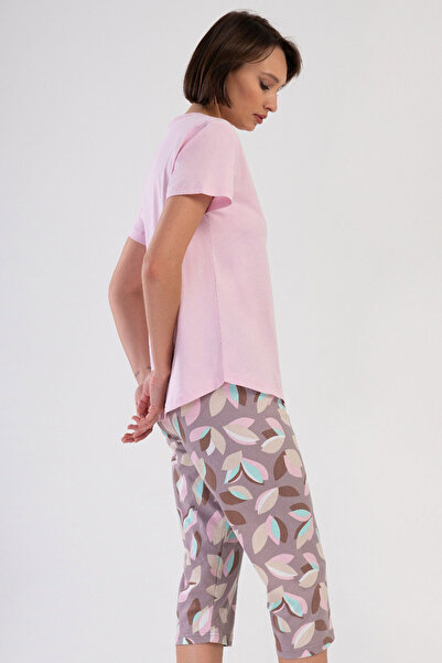 VİENETTA Pamuklu Kadın Büyük Beden Kısa Kol Kaprili Pijama Takım