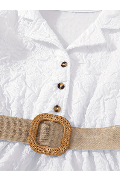 Take Two By Styli Textured Puff Sleeves Belted Dress