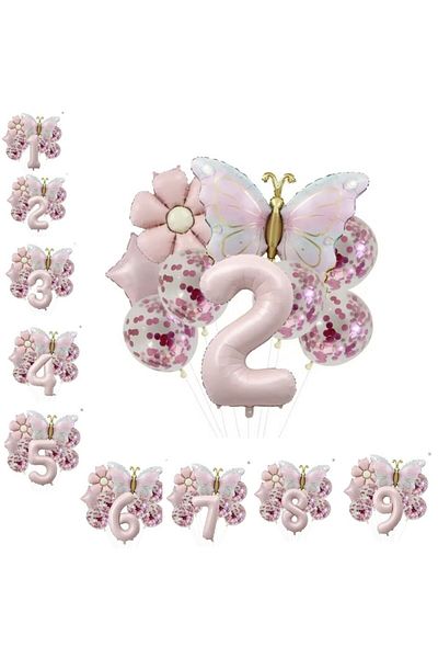 parti sürprizi Gold Butterfly Daisy 2 Year Old Foil Balloon Set