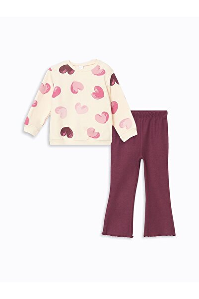 LC Waikiki Ecru Heart Printed Girl's Sweatshirt and Leggings Pants 2-Piece