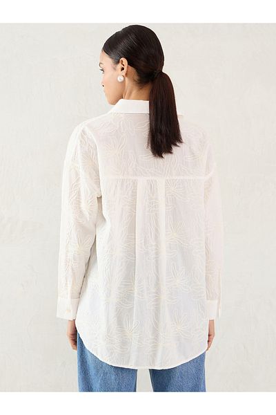 Femmella By Styli White Embroidered Cotton Longline Shirt