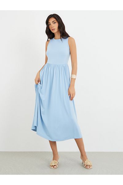 Styli Solid Sleeveless Gathered Waist A-Line Midi Dress