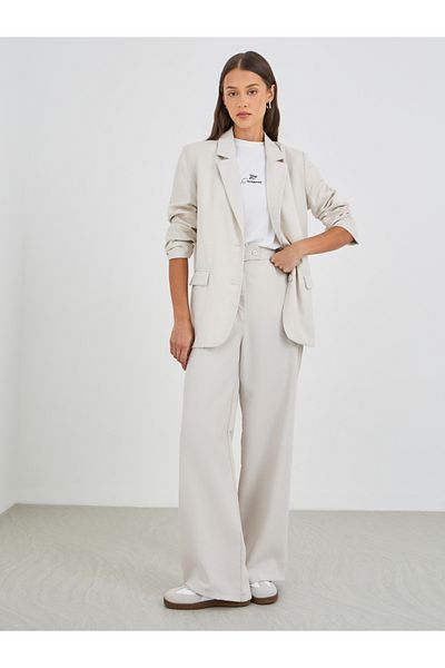 Styli Women Cream Regular Fit Regular Length Linen Look Blazer
