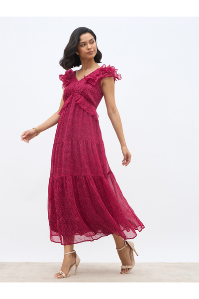 Styli Women All-Over Print V Neck Tiered Maxi Dress with Ruffle Trim