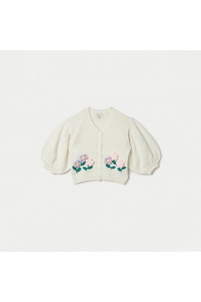 Juniors Floral Embroidered Cardigan with Button Closure and Puff Sleeves
