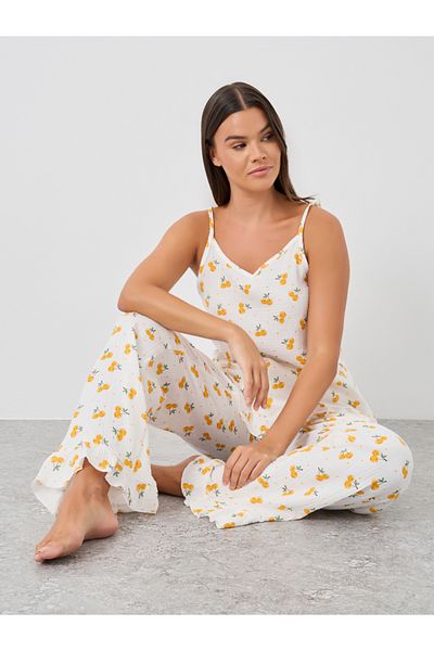 Styli All-Over Cherry Print Cotton Gauze Ruffle Hem Cami and Pyjama Set