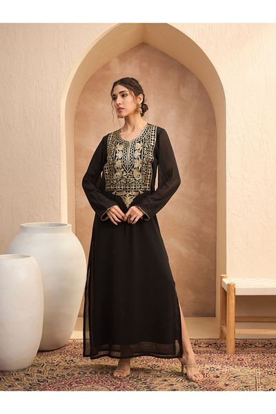 Sassafras By Styli Women Black Embellished Round Neck Abaya Dress