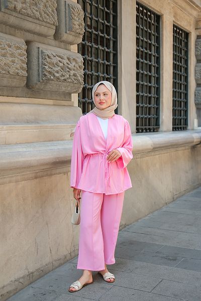 LOCCO Women's Front Tie Stone Detail Double Suit Pink