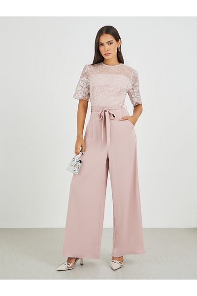 Styli Lace Insert Waist Tie-Up Wide Leg Jumpsuit