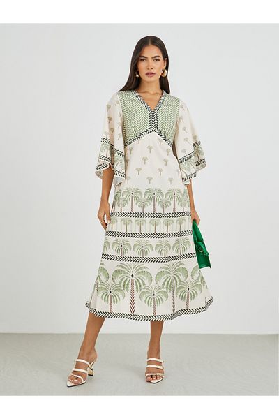 Styli Printed Batwing Sleeves A-Line Midi Dress