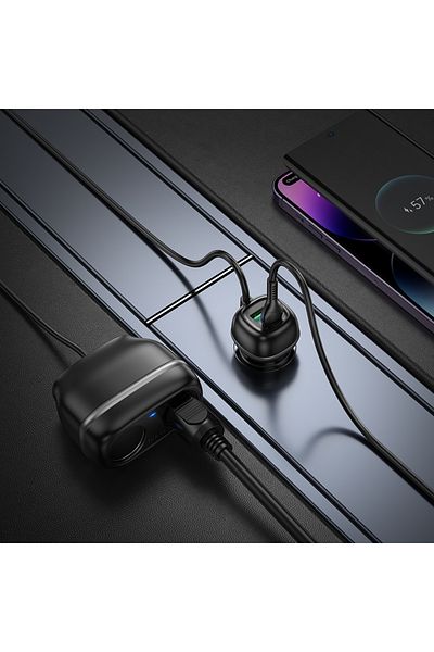 REDz Accessories Încărcător auto cu cablu prelungitor 0.75M, Hoco Z59, USB + Tip-C, 2 prize brichetă, 240W, Negru