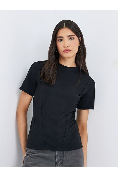Styli Black Round Neck Cut and Sew Panel T-Shirt