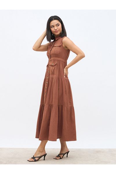 Styli Solid Sleeveless Tiered Maxi Dress with Button Front