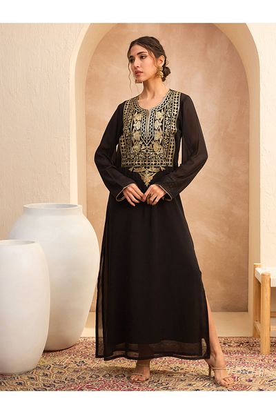 Sassafras By Styli Women Black Embellished Round Neck Abaya Dress