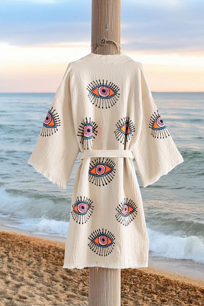 VAROL Organic 100% Cotton Kimono Collar Sabali Bathrobe Beach Dress - Eye - L/Xl