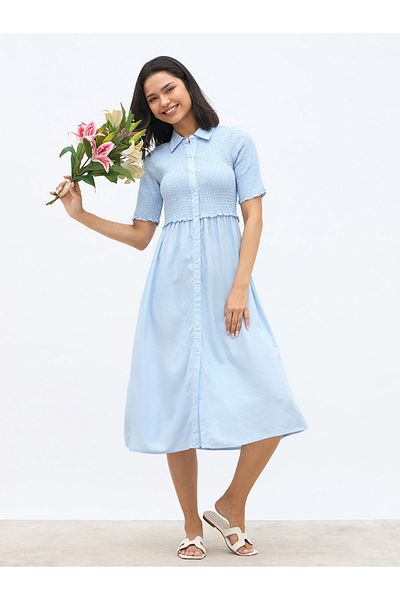 Styli Solid Smocked Shirt Midi Dress with Lettuce Edge