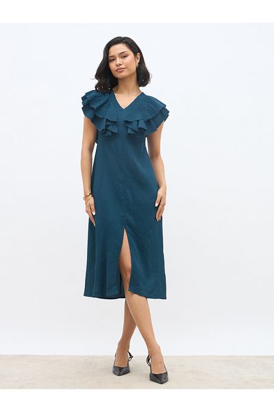 Styli Solid Ruffled Detail V-Neck A-Line Midi Dress