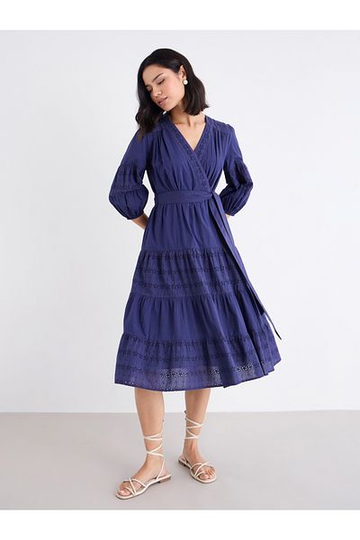 Styli Schiffli Wrap Balloon Sleeve Midi Dress