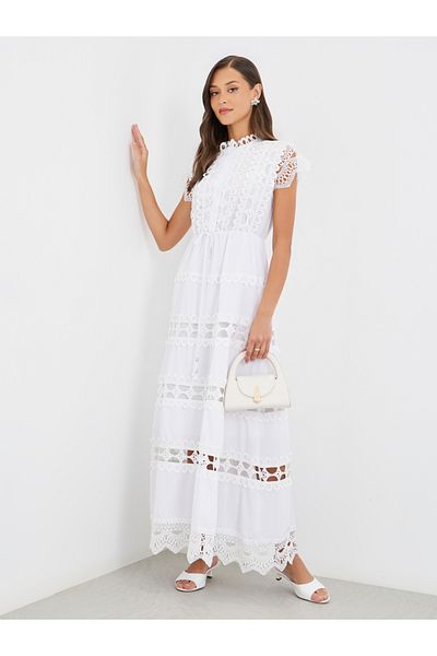 Styli Solid Lace Short Sleeves Tiered Maxi Dress with Tie Detail