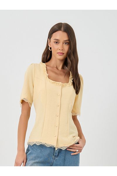 Styli Cotton Lace Trim Square Neck Button up Blouse