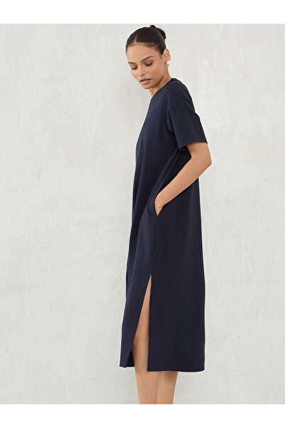 Femmella By Styli Navy Blue Solid Knit Shift Midi Dress with Slit Detail