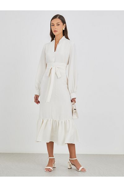 Styli Women White Plain Belted A-Line Midi Dress