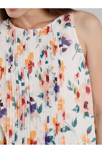 Mish By Styli Women White Floral Print Sleeveless Top with Pin Tuck Detail