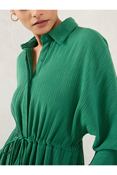 Femmella By Styli Green Crinkled Collared A-Line Maxi Dress with Drawstring Waist