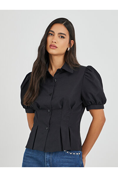 Styli قميص سادة بأكمام منفوخة وتفاصيل مطوية