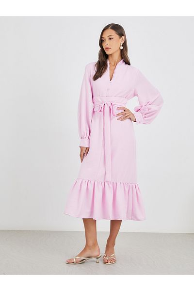 Styli Women Light Pink Plain Belted A-Line Midi Dress