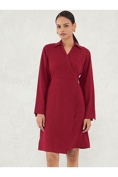 Femmella By Styli Red Solid Wrap Look A-Line Knee Length Dress