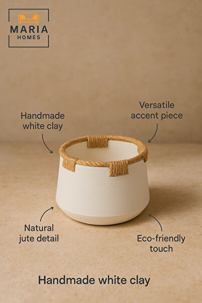 MARIA HOMES White Ceramic Pot with Jute Rope Trim – Minimalist Rustic Accent