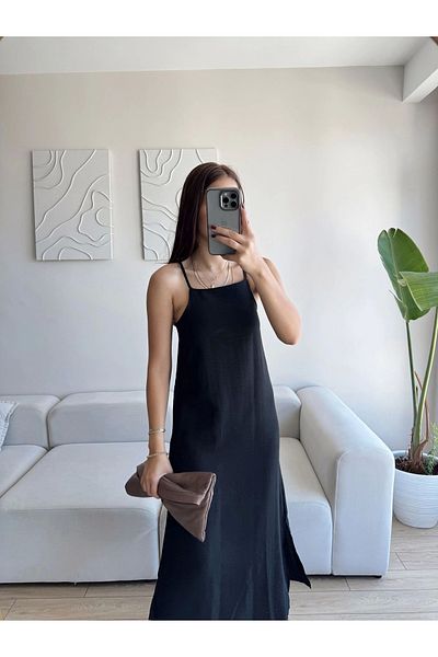 Zoom Butik Slit Linen Strap Dress - Black