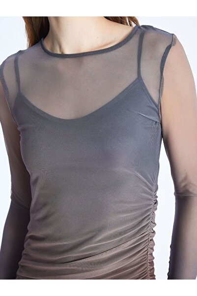 LC Waikiki Καφέ γυναικείο φόρεμα με μακρυμάνικο λαιμόκοψη με μακρύ μανίκι