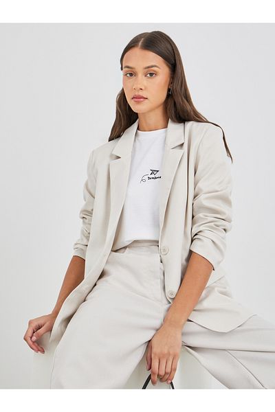 Styli Women Cream Regular Fit Regular Length Linen Look Blazer