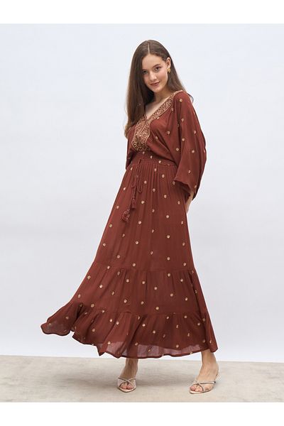Styli Embroidered Ruffled Hem Smocked Detail A-Line Maxi Dress