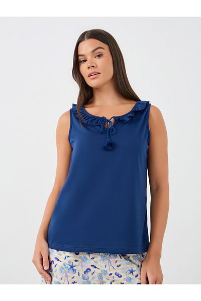 Styli Ruffled Tassel Tie-Up Neck Tank and Shell Print Shorts Set