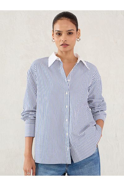 Femmella By Styli Navy Striped Contrast Collar Buttoned Shirt