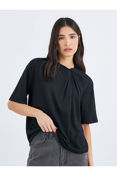 Styli Women Black Knot Neck Detail Boxy Fit T-Shirt