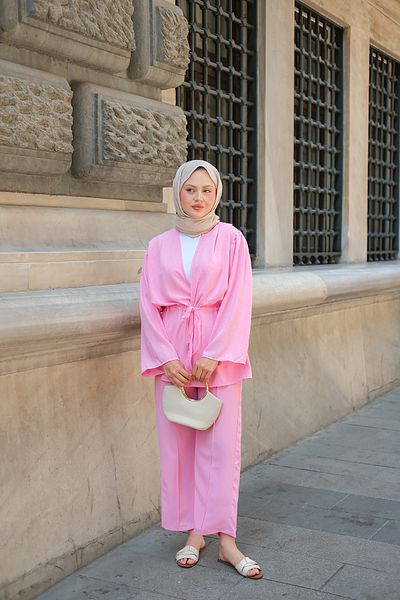 LOCCO Women's Front Tie Stone Detail Double Suit Pink