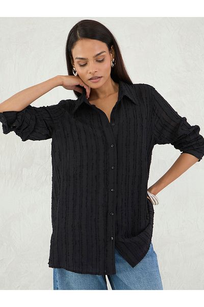 Femmella By Styli Black Textured Button Down Shirt
