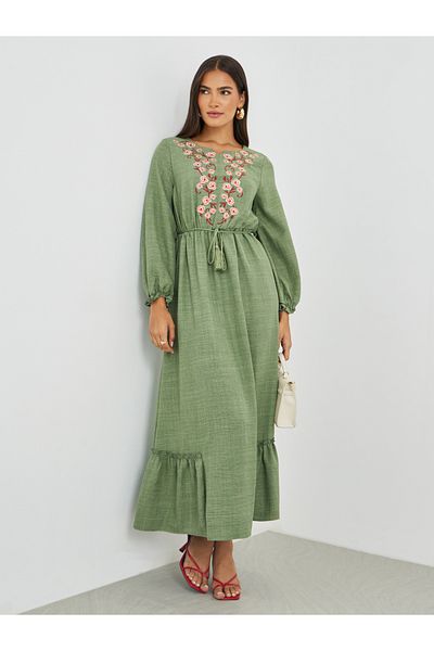 Styli Embroidered Long Sleeves A-Line Maxi Dress